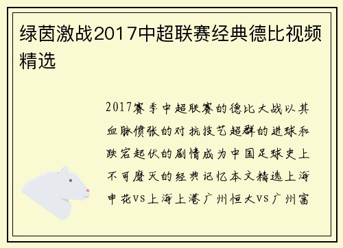 绿茵激战2017中超联赛经典德比视频精选